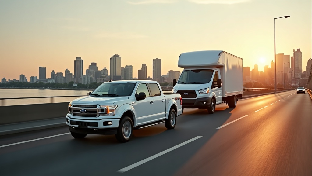 White pickup truck and white cargo van crossing a Montreal bridge at golden hour