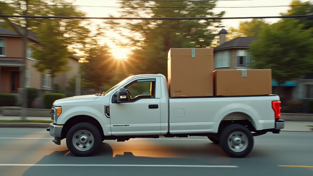 White pickup truck carrying boxes through a Montreal neighbourhood