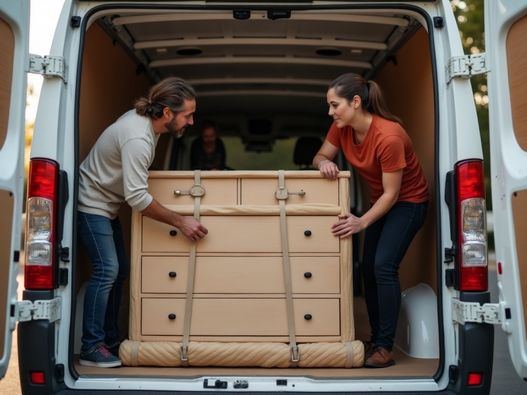 Wrapping and strapping furniture inside a white cargo van