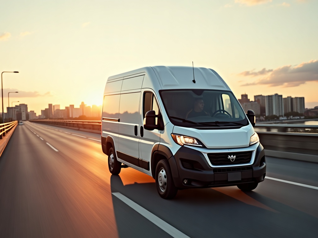 White cargo van delivering furniture across Montreal on time