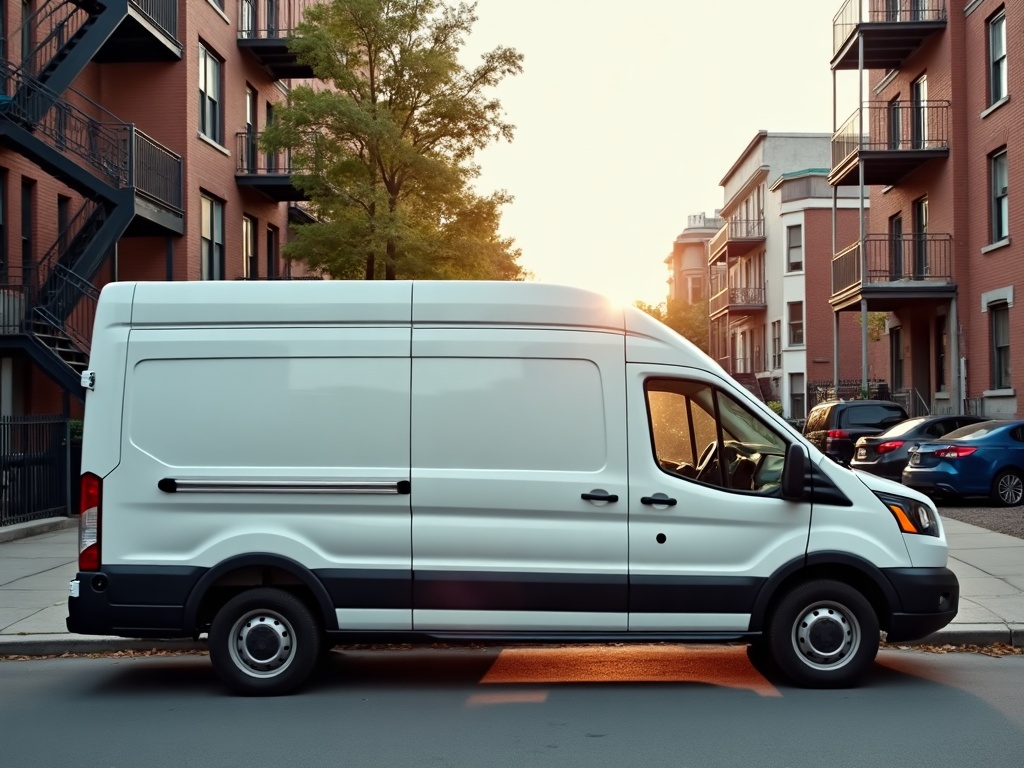 Recent white cargo van on a Montreal street ready for a marketplace pickup