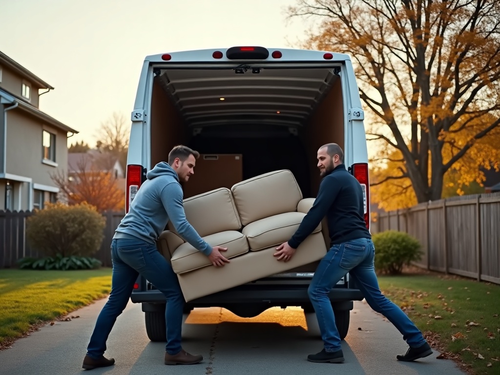 Two movers lifting a second-hand sofa into a white cargo van
